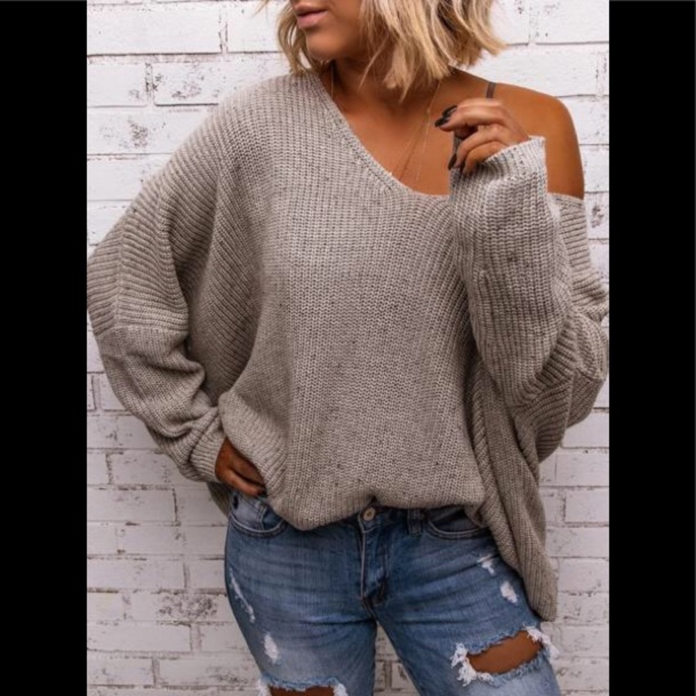 Oversized SEXY Deep V Neck Waffle Rib knit Brown W/ Black Specks Knitted Sweater